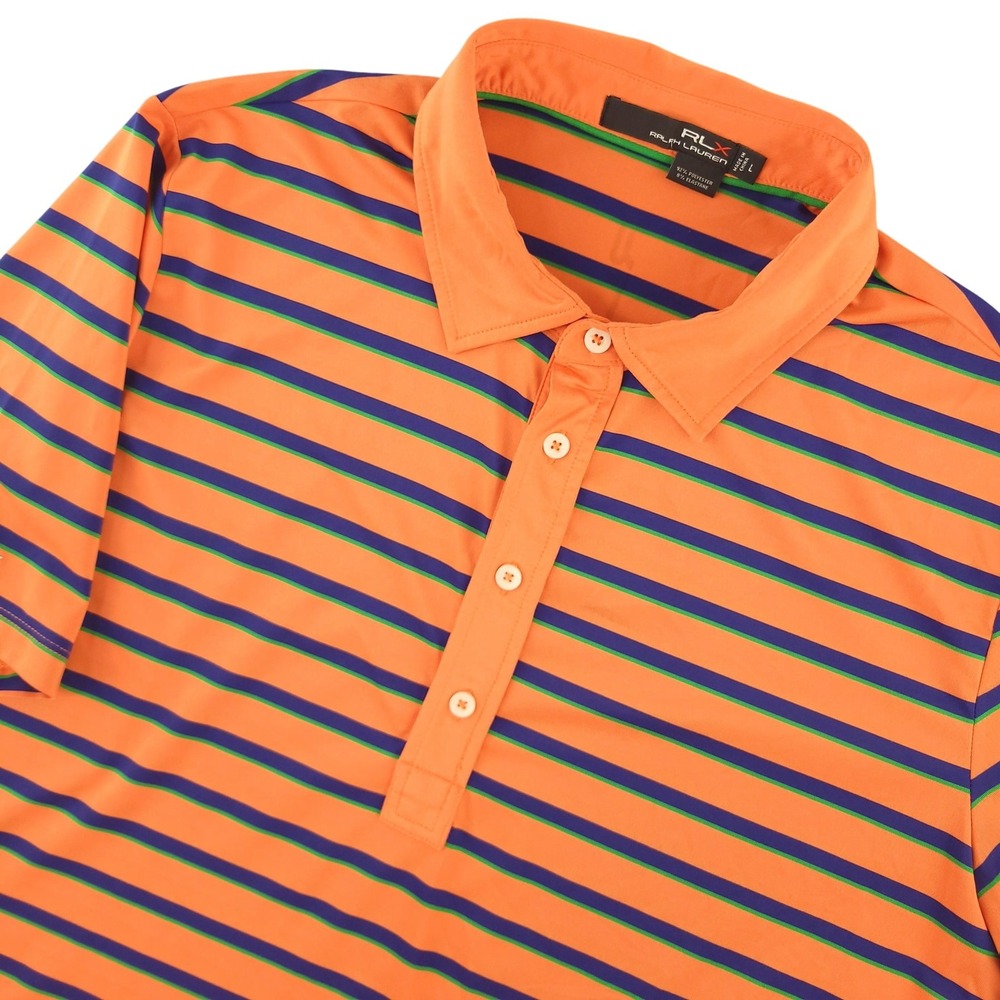 RLX Ralph Lauren Polo Shirt Mens L Orange Stripe Golf Performance Stretch Top